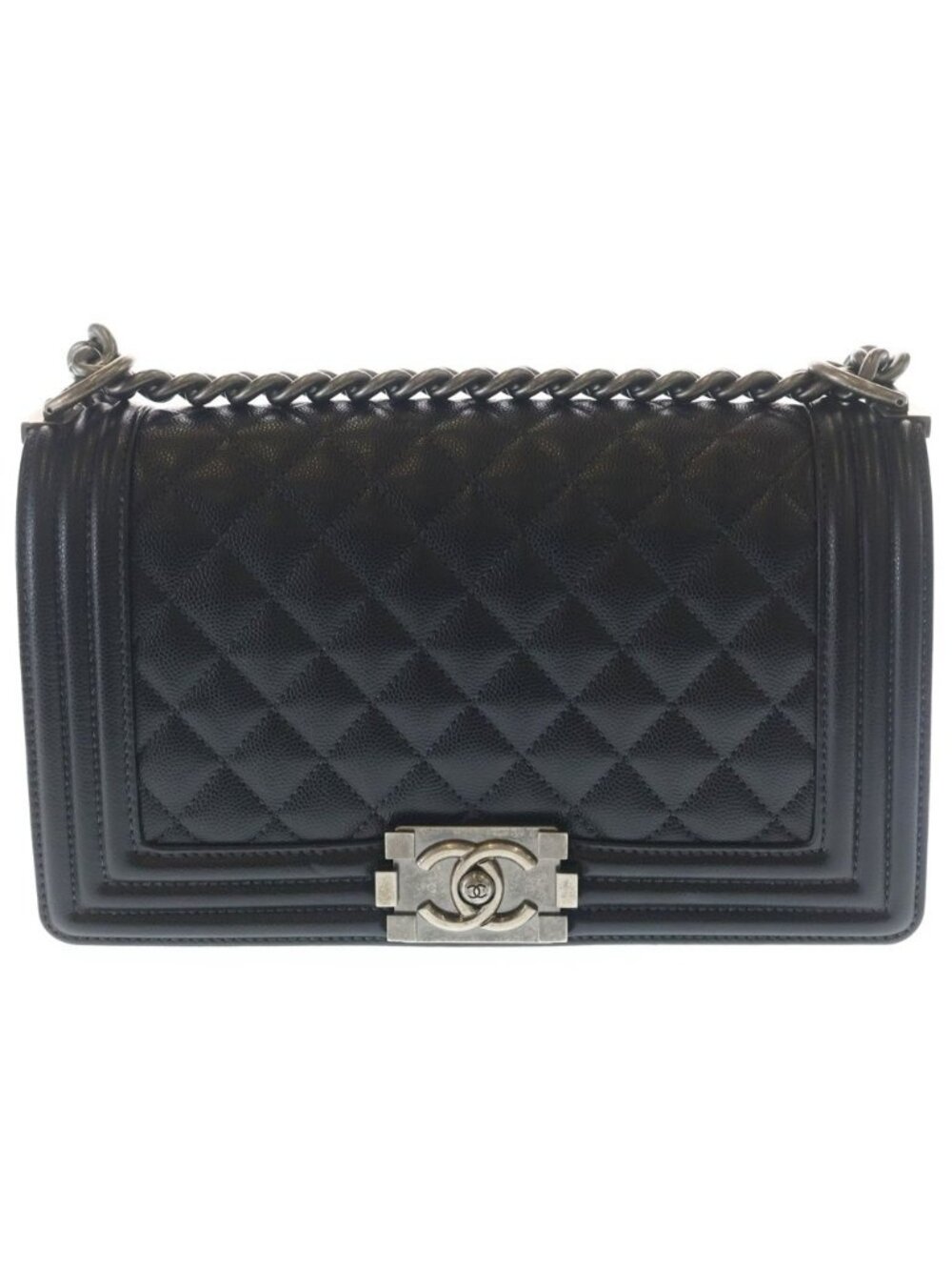 Chanel CC Logo Calfskin Leather Chain Shoulder Bag Silver Black